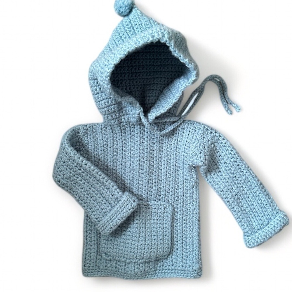 Vintage Handmade Blue Knit Crochet Hoodie Baby Boy 6-12 Months